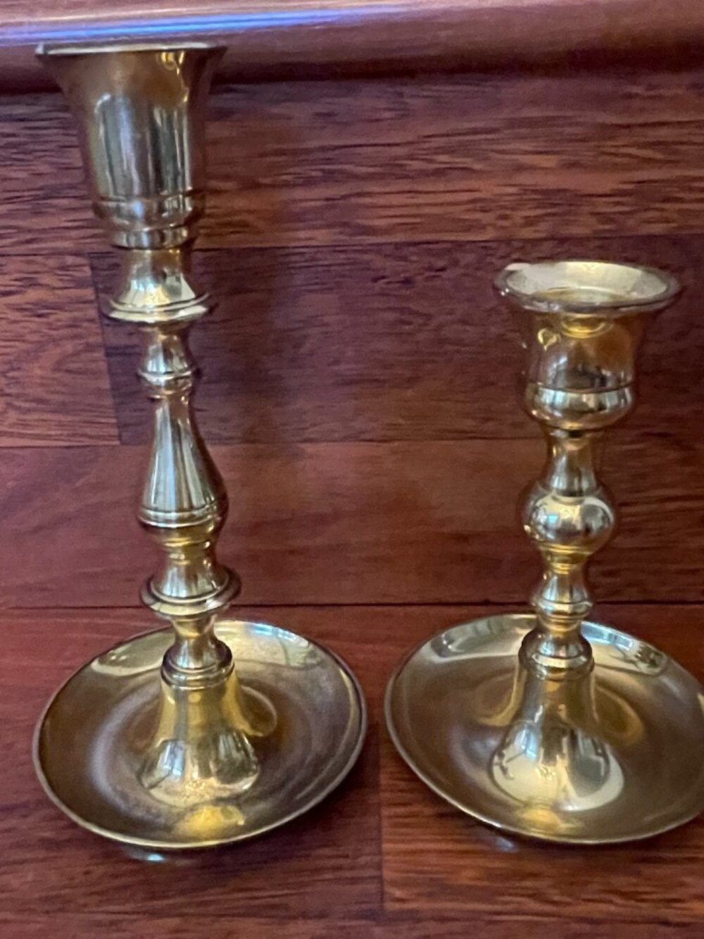 Vintage Solid Brass Candlesticks Candle Holders w/Drip Pans Pair Approx. 7" & 5"